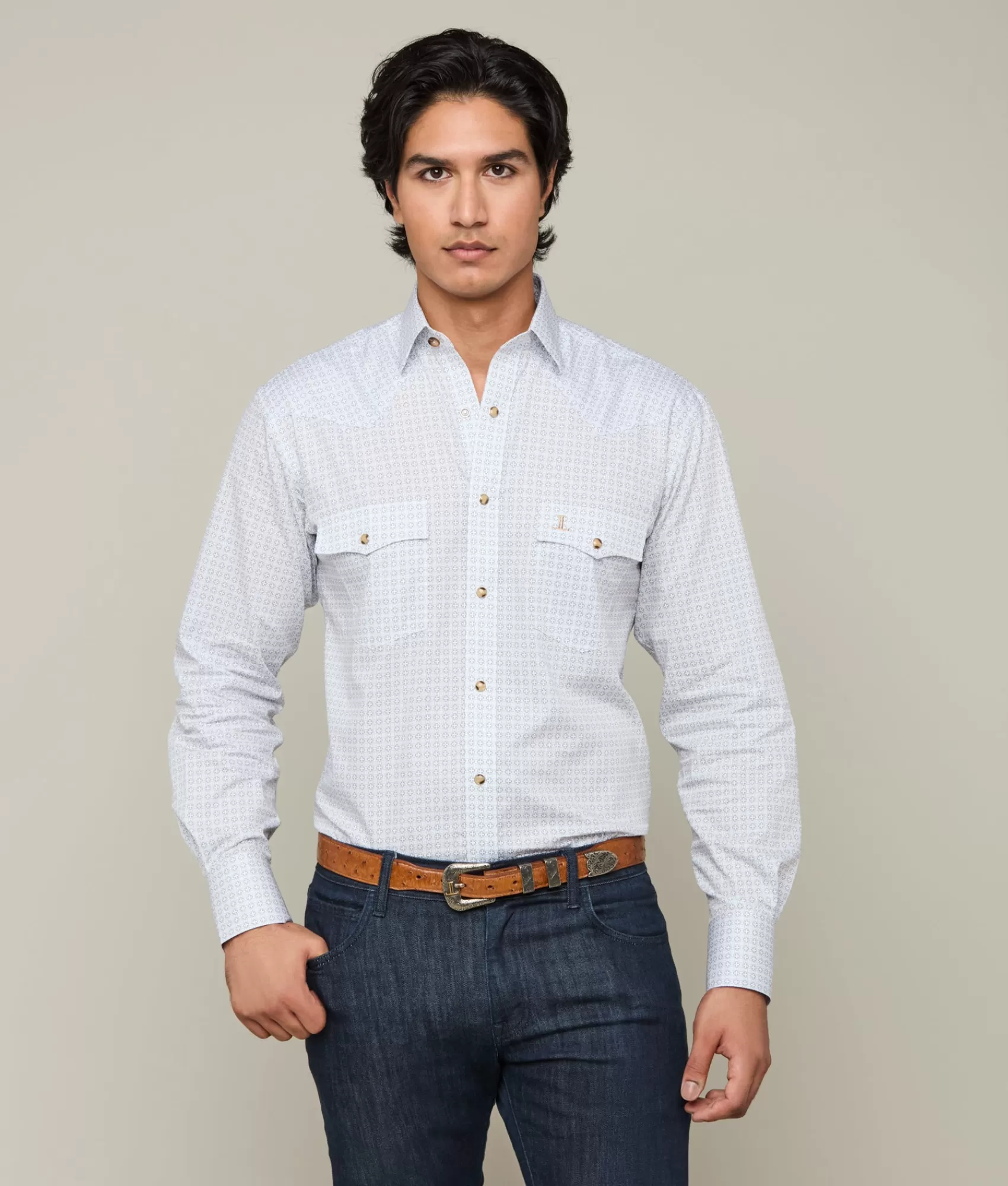 Lucchese Tops | El Paso Prints White/Grey/Teal