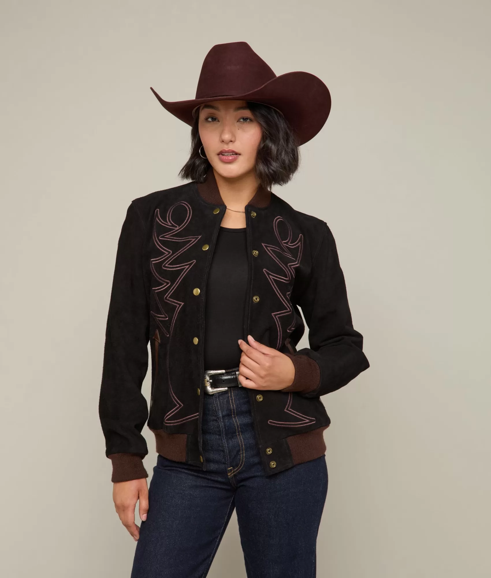 Lucchese Outerwear | Embroidered Suede Bomber Jacket Black