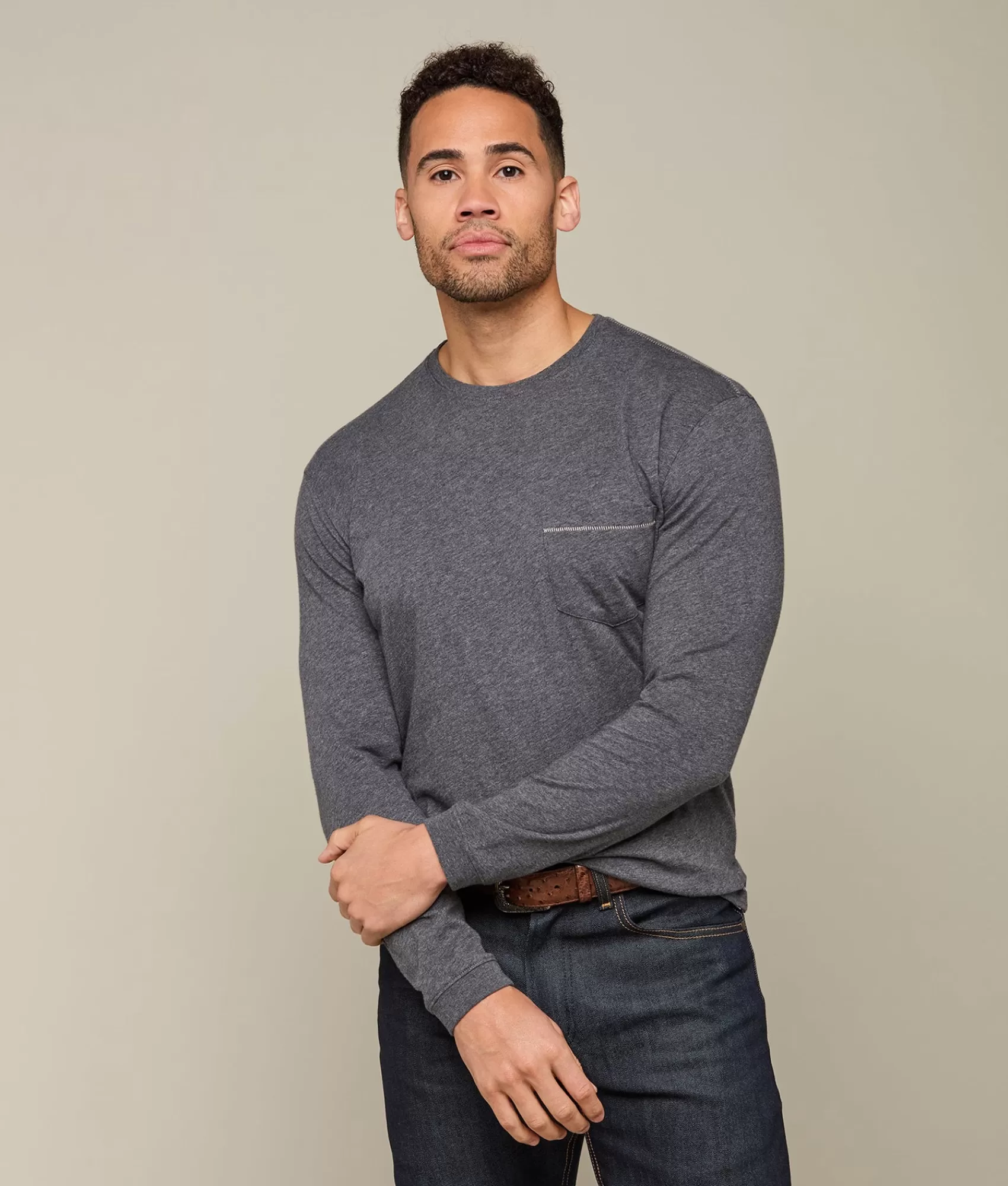Lucchese Tops | Long Sleeve Bar Stitch Tee Grey