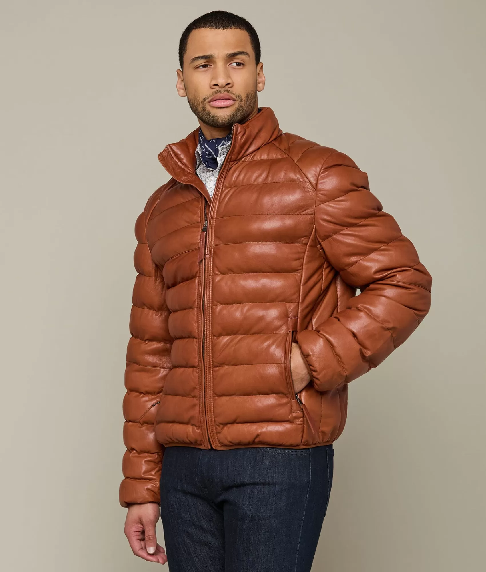 Lucchese Outerwear | Men's Leather Puffer Jacket Cognac