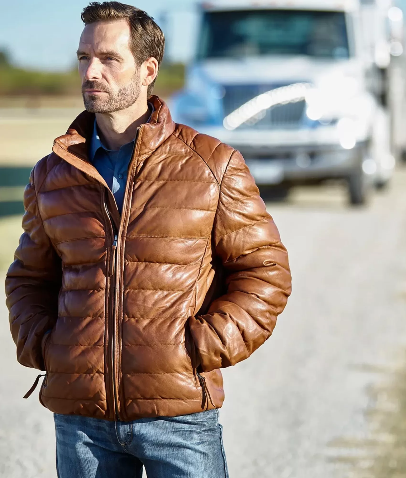 Lucchese Outerwear | Men's Leather Puffer Jacket Cognac