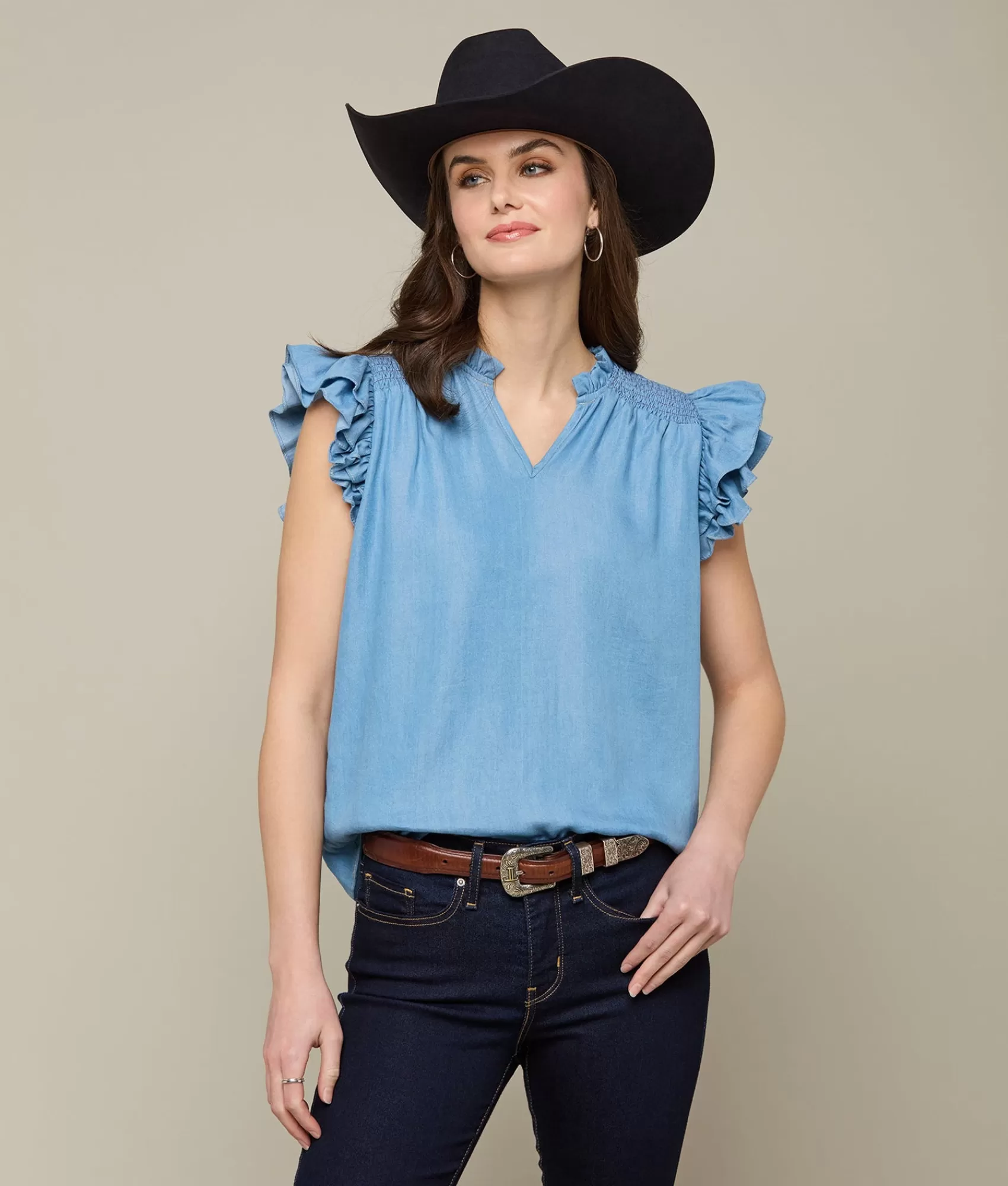 Lucchese Tops | Phoebe Ruffle Sleeve Top Chambray
