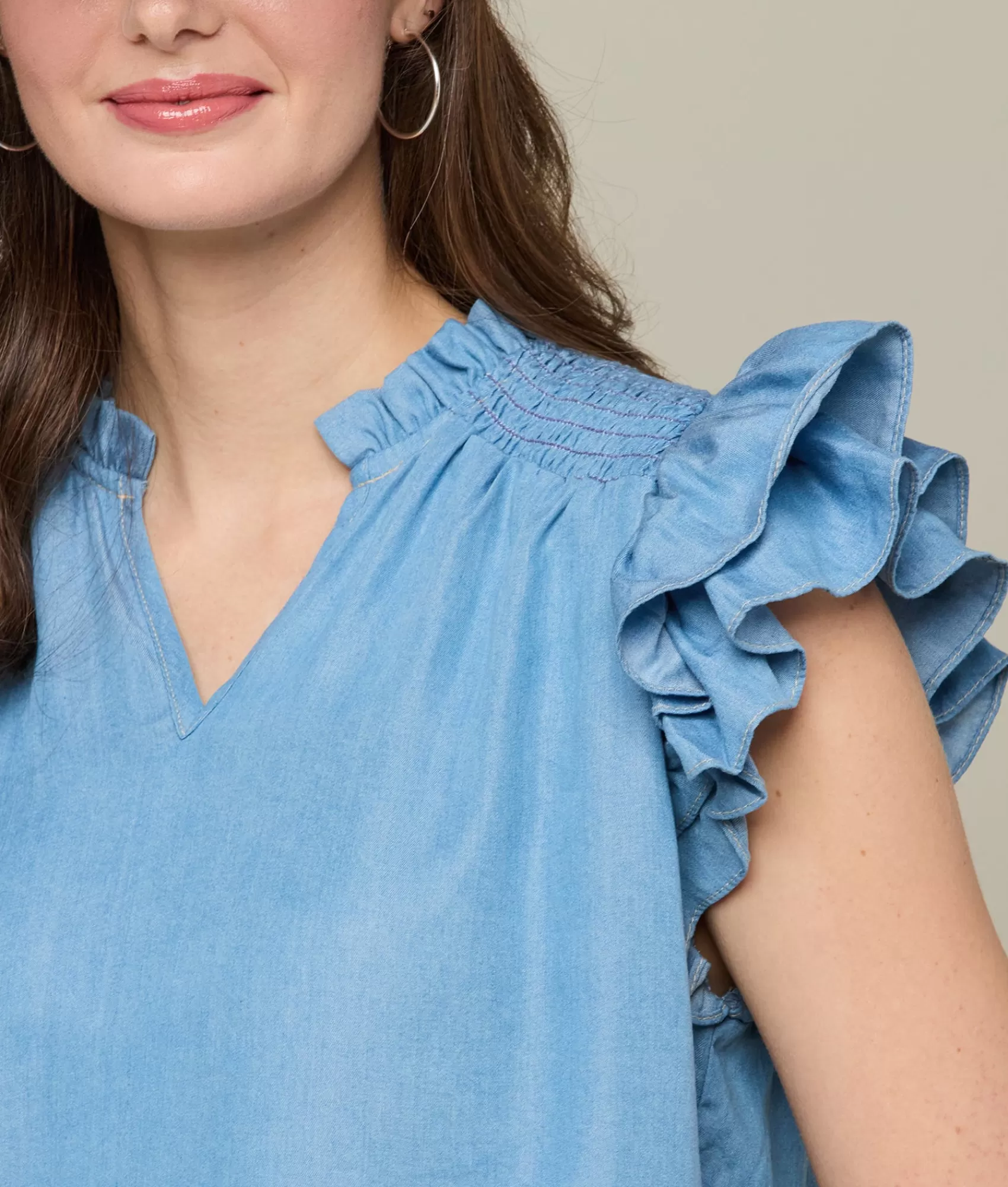 Lucchese Tops | Phoebe Ruffle Sleeve Top Chambray