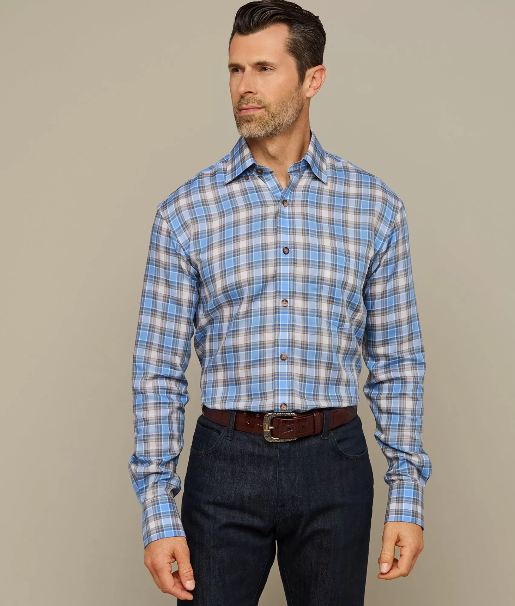 Lucchese Tops | San Antonio TencelCornflowerBlueAndKhakiCheck