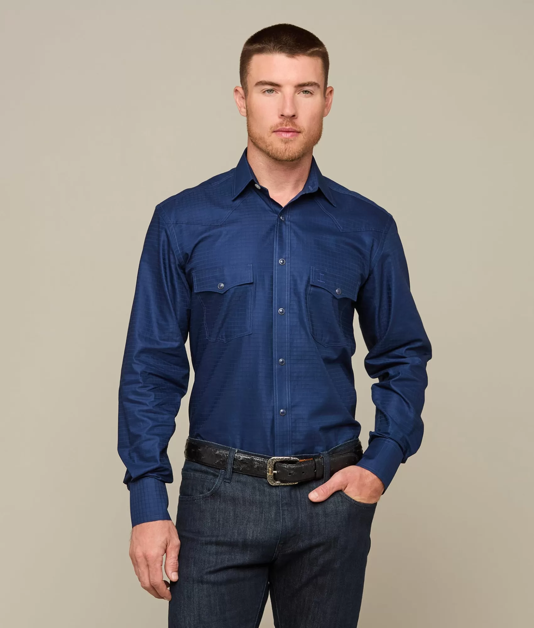 Lucchese Tops | Square Dobby Shirt Navy