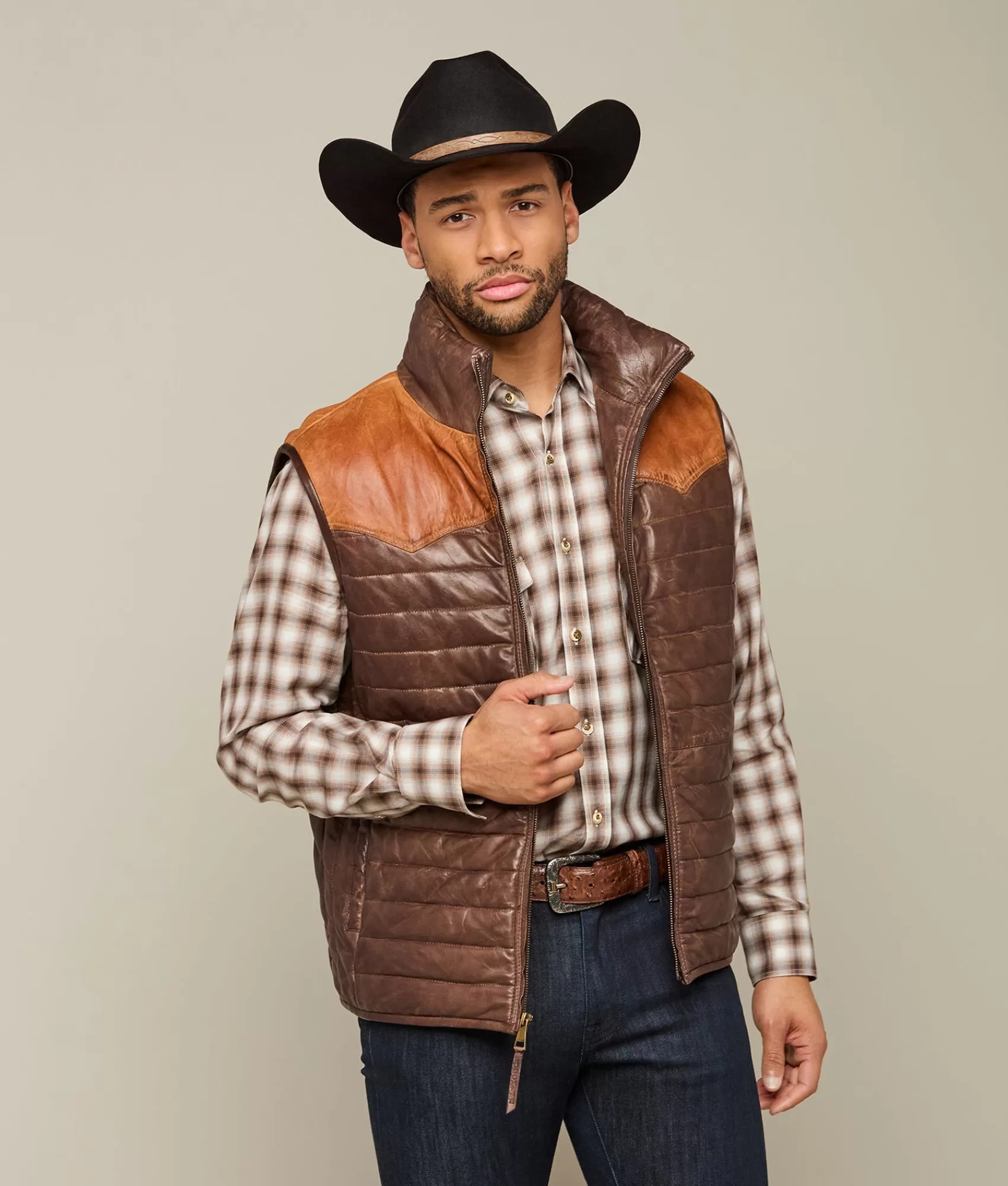Lucchese Outerwear | Western Yoke Leather Vest Cognac